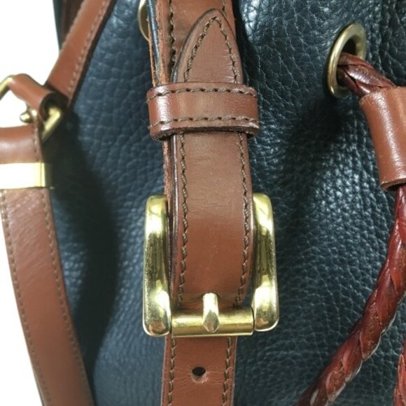Dooney Bourke AWL Pebbled Leather Drawstring Hobo Bucket Navy Brown Shoulder Bag - Picture 14 of 16